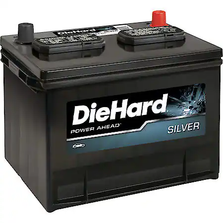 A view of a die hard lead silver battery