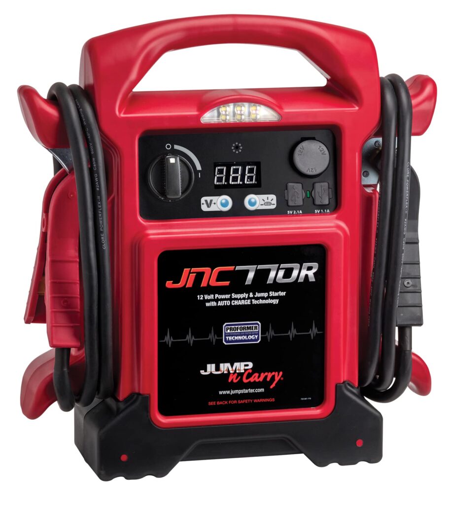 A view of a red Clore Automotive Jump & Carry 770 R Starter battery