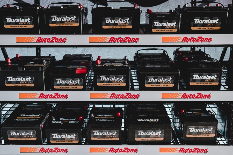 A view of car batteries in a shelf