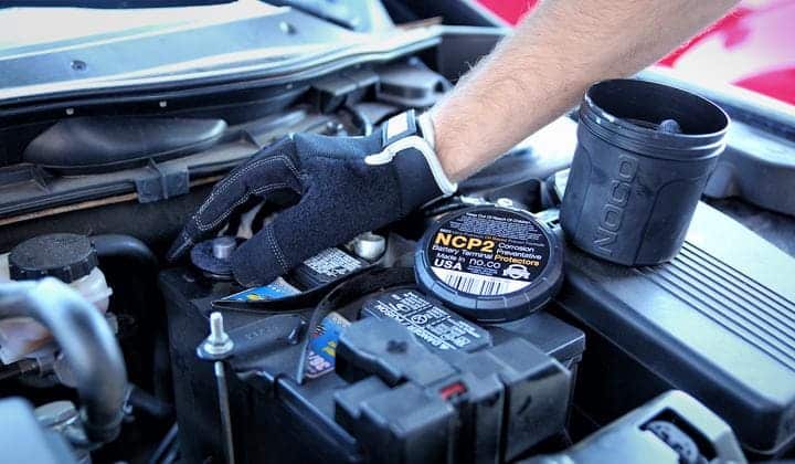 a hand with gloves on applying battery terminal protector