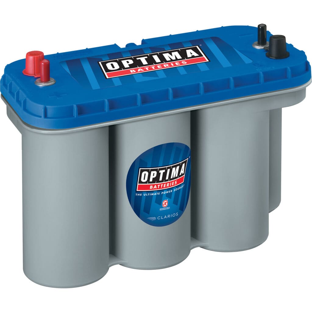 optima battery with blue top and gray body