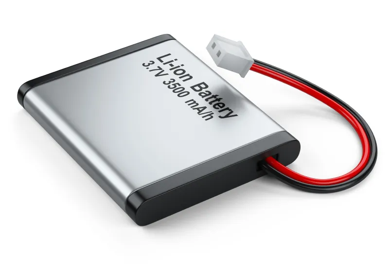 lithium ion battery in front of a transparent white background